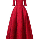 Red Tracy Studio long sleeve gown with curved neckline, full-length dress, shown in size XXS.