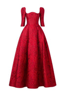 Red Tracy Studio long sleeve gown with curved neckline, full-length dress, shown in size XXS.
