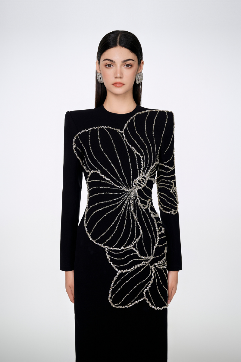 LONG SLEEVE ORCHID PATTERNED BODY-CON FULL DRESS | Tracy Studio | CULT MIA