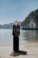 Long sleeve orchid patterned body-con gown by Tracy Studio, black full-length dress with fitted silhouette.
