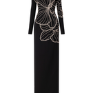 Long sleeve orchid patterned body-con gown by Tracy Studio in black, fitted full dress with elegant floral design.