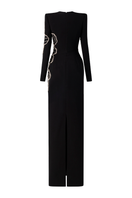 Long sleeve orchid patterned body-con gown by Tracy Studio, black full-length dress with fitted silhouette.
