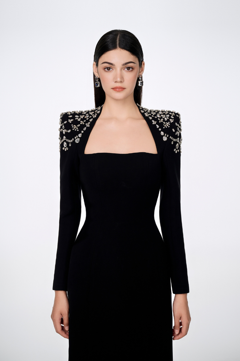 LONG SLEEVE TRAPEZOID NECKLINE BODYCON FULL DRESS | CULT MIA | Tracy Studio LONG SLEEVE TRAPEZOID NECKLINE BODYCON FULL DRESS | CULT MIA | Tracy Studio