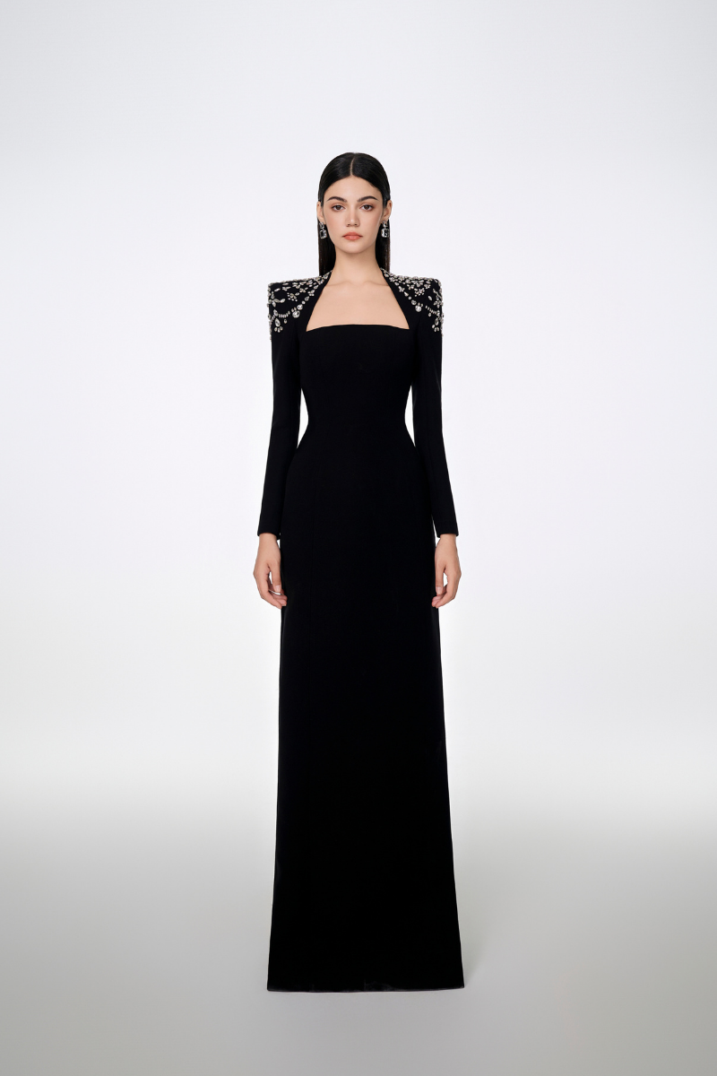 LONG SLEEVE TRAPEZOID NECKLINE BODYCON FULL DRESS | CULT MIA