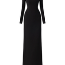 Black Tracy Studio long sleeve trapezoid neckline bodycon gown, fitted full-length dress with elegant design.