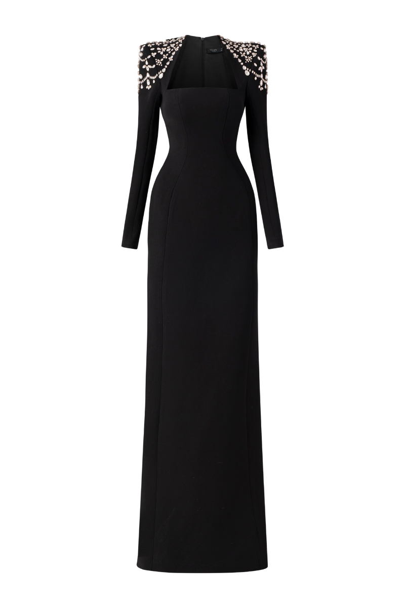 LONG SLEEVE TRAPEZOID NECKLINE BODYCON FULL DRESS | Tracy Studio | CULT MIA