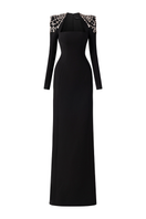 Black Tracy Studio long sleeve trapezoid neckline bodycon gown, fitted full-length dress with elegant design.