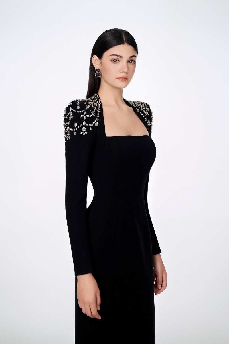 LONG SLEEVE TRAPEZOID NECKLINE BODYCON FULL DRESS | CULT MIA | Tracy Studio LONG SLEEVE TRAPEZOID NECKLINE BODYCON FULL DRESS | CULT MIA | Tracy Studio
