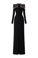 Black Tracy Studio long sleeve trapezoid neckline bodycon gown, full-length dress with fitted silhouette and elegant style.