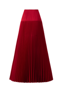 Red Tracy Studio pleated ankle maxi skirt, showcasing its flowing fabric and elegant pleats.