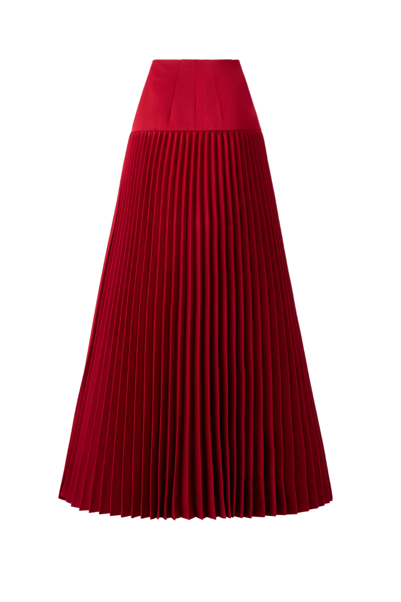 Red Tracy Studio pleated ankle maxi skirt, showcasing its flowing fabric and elegant pleats.