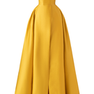 Yellow strapless A-line full gown by Tracy Studio, showcasing a fitted bodice and flowing skirt, perfect for formal occasions.