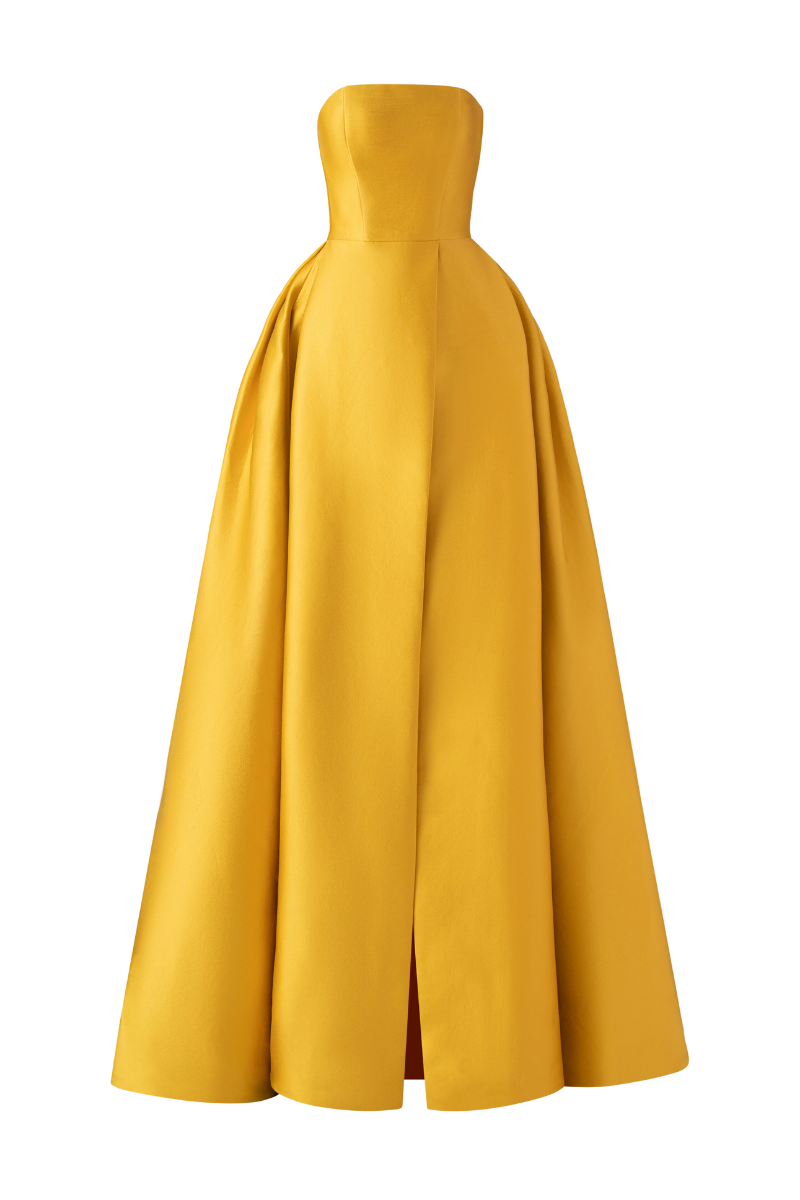 Yellow strapless A-line full gown by Tracy Studio, showcasing a fitted bodice and flowing skirt, perfect for formal occasions.