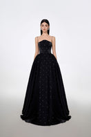 Black strapless gown with stone embellishments by Tracy Studio, full-length dress with elegant design and intricate detailing.