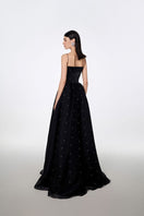 Elegant black strapless gown with stone embellishments from Tracy Studio, showcasing a full-length dress design.