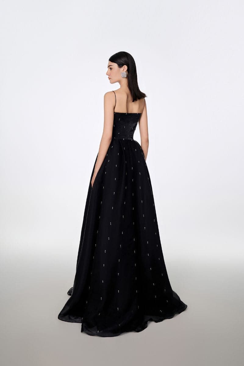 Elegant black strapless gown with stone embellishments from Tracy Studio, showcasing a full-length dress design.