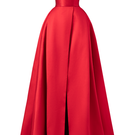 Red strapless pleated gown by Tracy Studio, full-length dress with elegant design, shown on a mannequin.