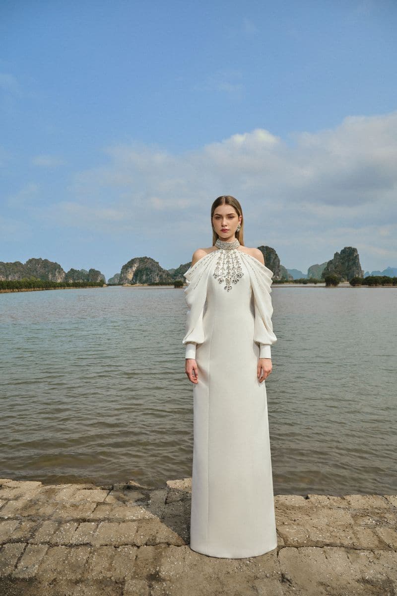 WHITE COLD-SHOULDER STONE EMBELLISHED FULL DRESS | Tracy Studio | CULT MIA