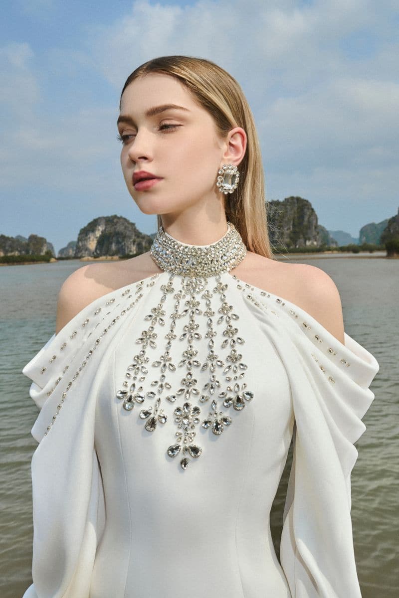 WHITE COLD-SHOULDER STONE EMBELLISHED FULL DRESS | Tracy Studio | CULT MIA