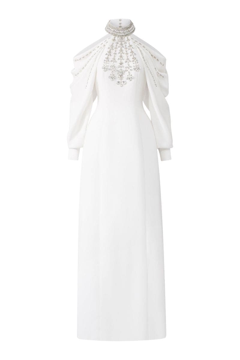 WHITE COLD-SHOULDER STONE EMBELLISHED FULL DRESS | Tracy Studio | CULT MIA