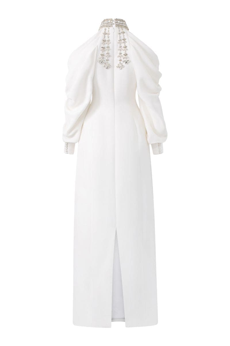 WHITE COLD-SHOULDER STONE EMBELLISHED FULL DRESS | Tracy Studio | CULT MIA