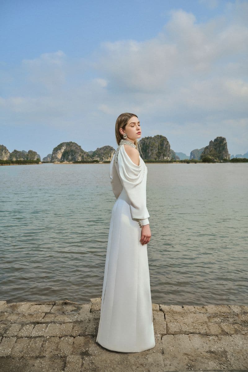 WHITE COLD-SHOULDER STONE EMBELLISHED FULL DRESS | Tracy Studio | CULT MIA