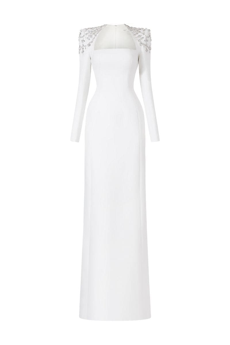 WHITE LONG SLEEVE TRAPEZOID NECKLINE BODYCON FULL DRESS | Tracy Studio | CULT MIA