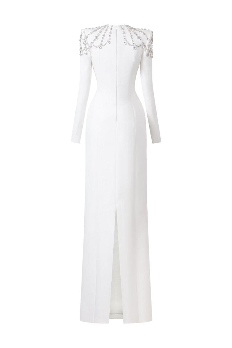 WHITE LONG SLEEVE TRAPEZOID NECKLINE BODYCON FULL DRESS | Tracy Studio | CULT MIA