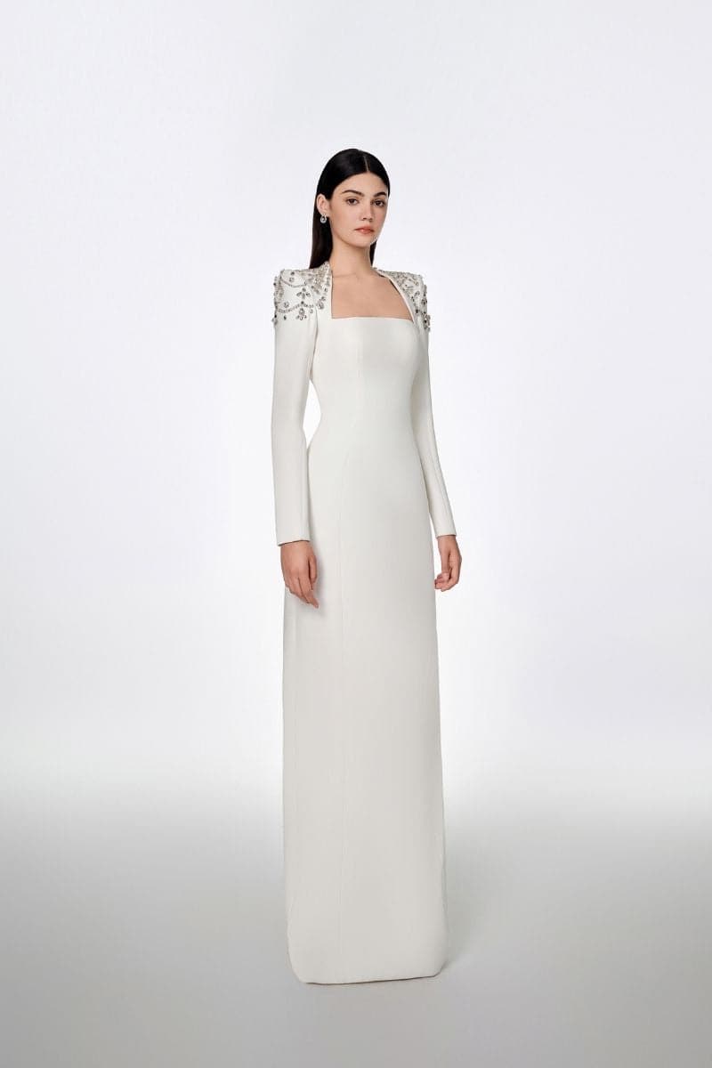 Tracy Studio White LONG SLEEVE TRAPEZOID NECKLINE BODYCON FULL DRESS | Cult Mia Tracy Studio White LONG SLEEVE TRAPEZOID NECKLINE BODYCON FULL DRESS | Cult Mia