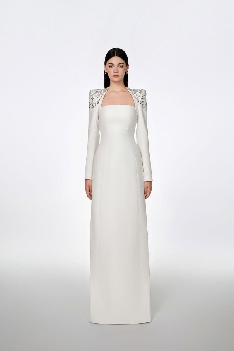 WHITE LONG SLEEVE TRAPEZOID NECKLINE BODYCON FULL DRESS | Tracy Studio | CULT MIA