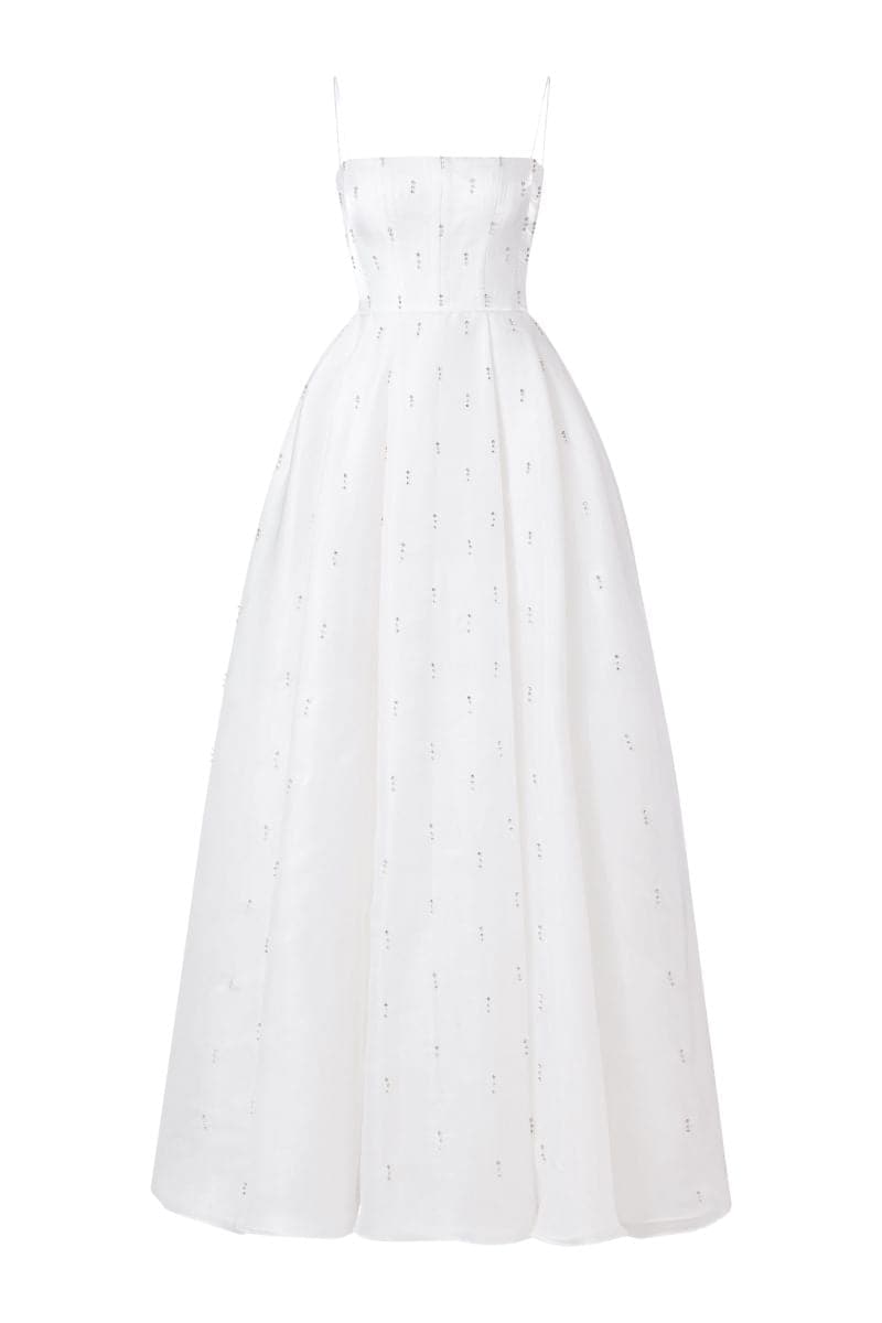 WHITE STRAPLESS STONE EMBELLISHED FULL DRESS | Tracy Studio | CULT MIA