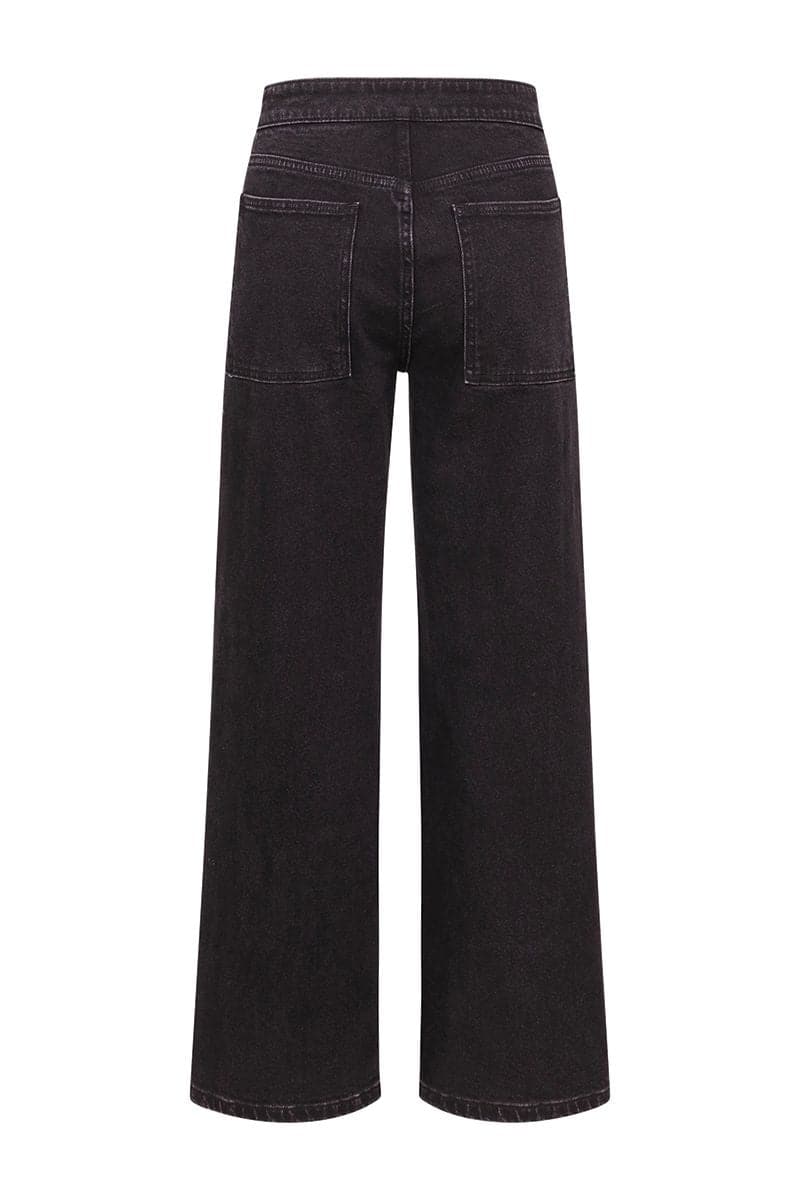 Black Mikey straight leg jeans by TT Studios, showcasing classic denim fit with a relaxed straight cut and stylish stitching.