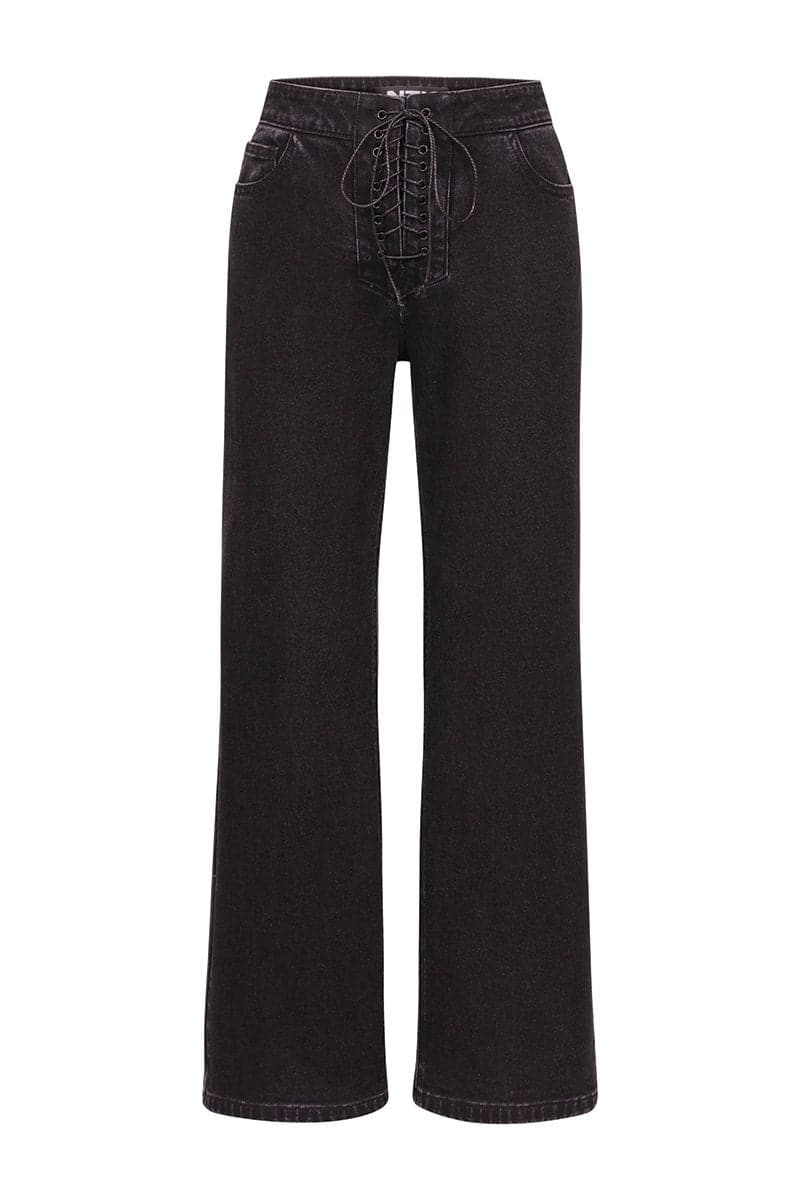 Black Mikey straight-leg jeans by TT Studios, showing the classic fit and denim texture with visible stitching and pockets.