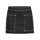 Denielle William St TT Studios denim mini skirt shown on a model, featuring classic blue denim and a fitted style.