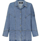 Relaxed fit denim jacket by TT Studios, Linda Union SQ style, shown in size XS with classic blue denim and casual design.