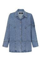 Relaxed fit denim jacket by TT Studios, Linda Union SQ style, shown in size XS with classic blue denim and casual design.
