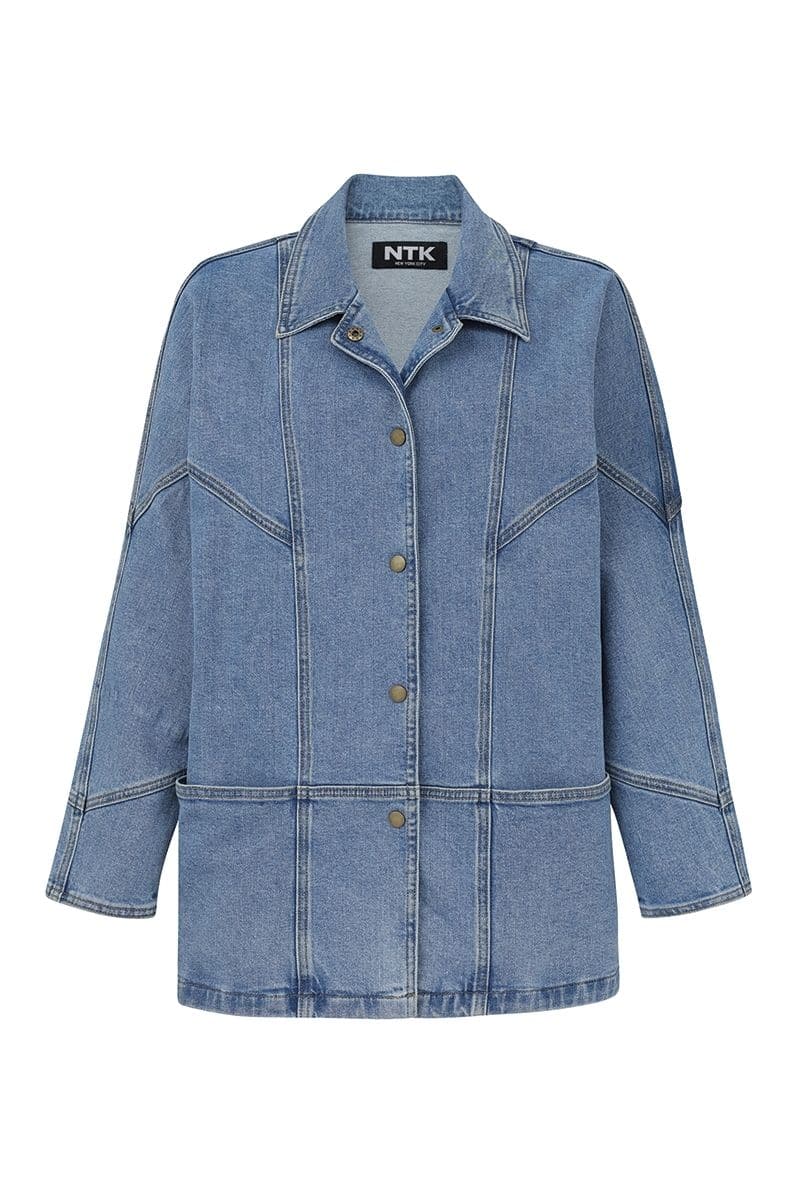 Relaxed fit denim jacket by TT Studios, Linda Union SQ style, shown in size XS with classic blue denim and casual design.