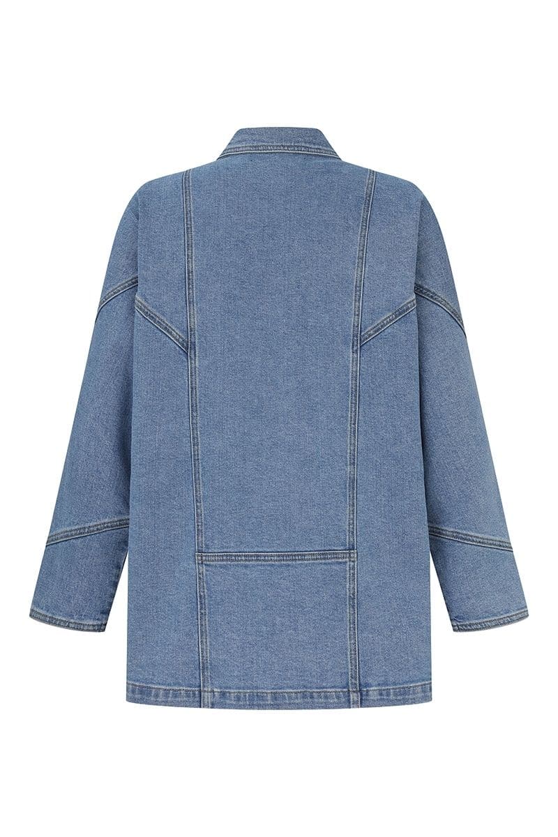 TT Studios Linda Union SQ relaxed fit denim jacket, shown in size XS, with classic blue denim and button closure.
