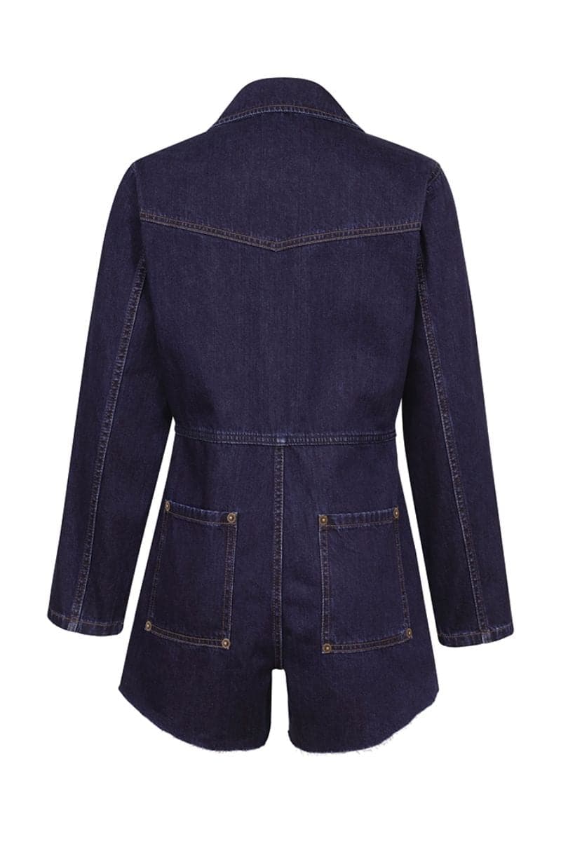 TT Studios MADI Atlantic Ave denim romper jumpsuit, front view showing stylish casual summer outfit with pockets and adjustable straps.