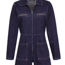 TT Studios MADI ATLANTIC AVE denim romper, casual jumpsuit with short sleeves and adjustable straps, styled for a relaxed look.