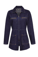 TT Studios MADI ATLANTIC AVE denim romper, casual jumpsuit with short sleeves and adjustable straps, styled for a relaxed look.