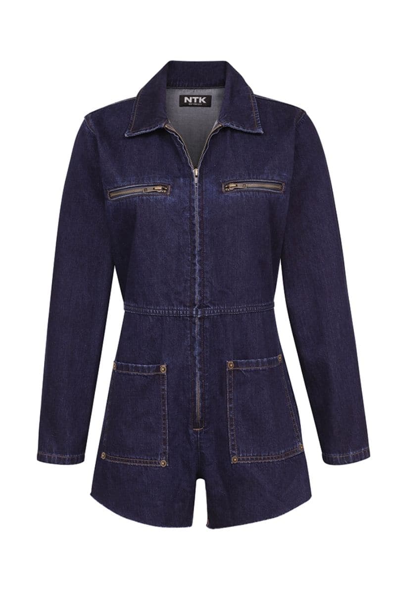 TT Studios MADI ATLANTIC AVE denim romper, casual jumpsuit with short sleeves and adjustable straps, styled for a relaxed look.