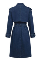 TT Studios Tivoli Atlantic Ave denim trench coat in light blue denim, styled on a mannequin showing front view.