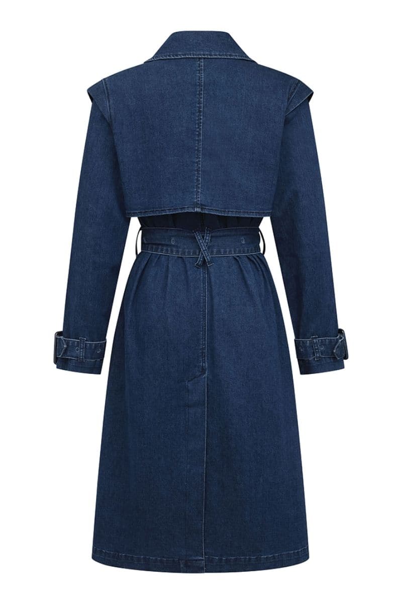 TT Studios Tivoli Atlantic Ave denim trench coat in light blue denim, styled on a mannequin showing front view.