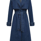 TT Studios Tivoli Atlantic Ave denim trench coat hanging on a rack, showcasing its classic design and stylish denim fabric.