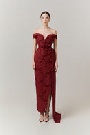 Red off-shoulder tweed petal maxi gown by Happy Clothing, featuring a flowing design and elegant off-shoulder style.