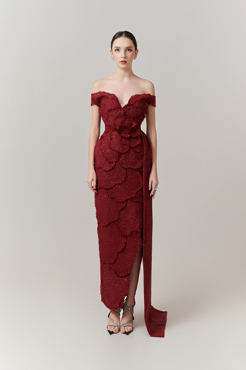 Red off-shoulder tweed petal maxi gown by Happy Clothing, featuring a flowing design and elegant off-shoulder style.