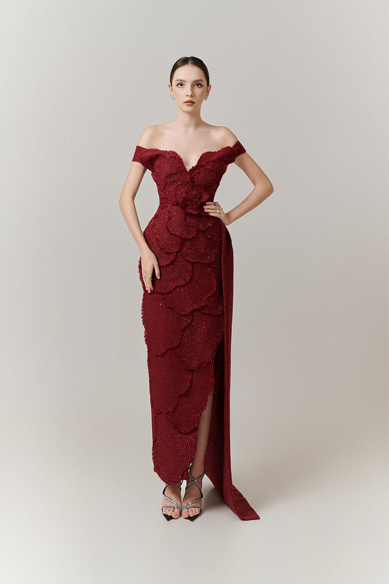 tweed maxi dress OFF- SHOUDER TWEED PETAL MAXI DRESS IN RED