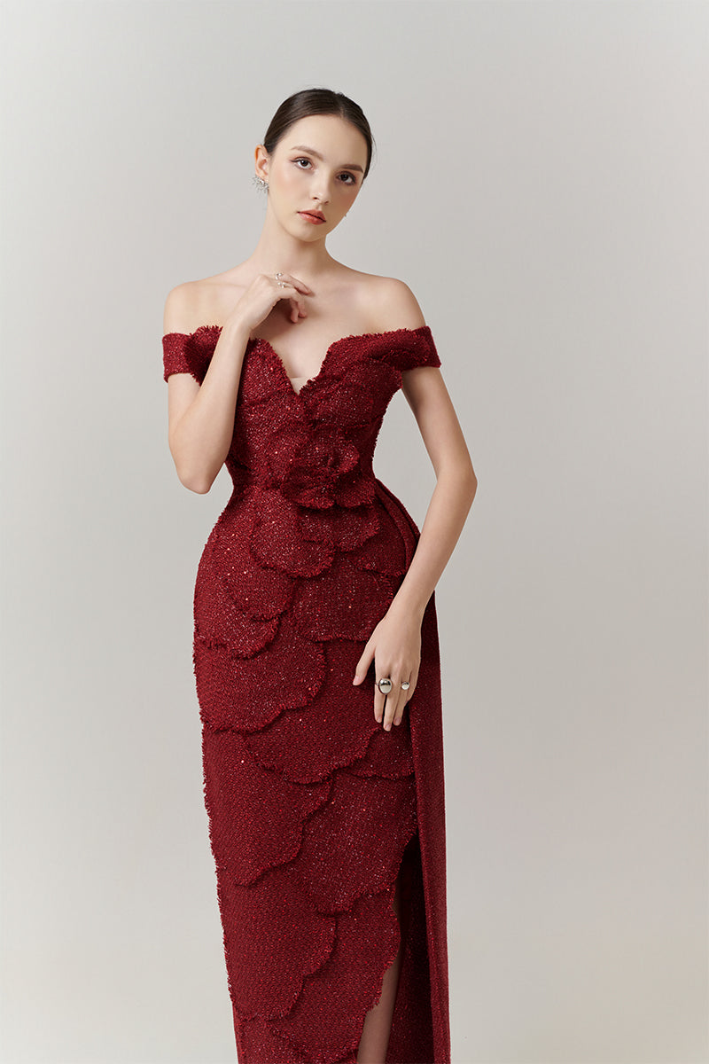 OFF- SHOUDER TWEED PETAL MAXI DRESS IN RED - CULT MIA