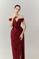 Red off-shoulder tweed petal maxi gown by Happy Clothing, featuring elegant design and flowing fabric.